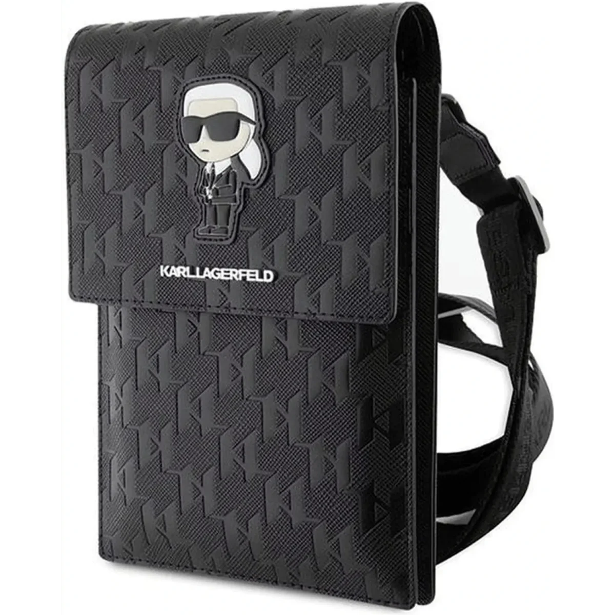 Karl Lagerfeld Bag کیف دوشی کارل لاگرفلد اورجینال مدل MONOGRAM NFT KARL با مونوگرام برند کارل و طرح شخصیت کارل روی چرم به رنگ مشکی