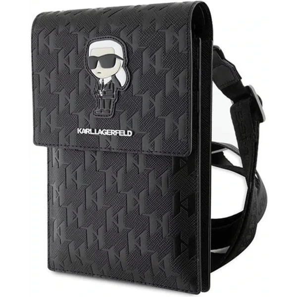 کیف دوشی کارل لاگرفلد اورجینال مدل MONOGRAM NFT KARL با طرح برجسته لوگو و شخصیت کارل روی چرم مشکی