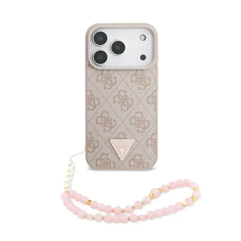 کاور گس مدل MagSafe Lanyard مناسب آیفون 17 پرو مکس با طراحی چرمی لوکس، لوگوی GUESS و بند لنیارد، سازگار با شارژ بی‌سیم مگ‌سیف.