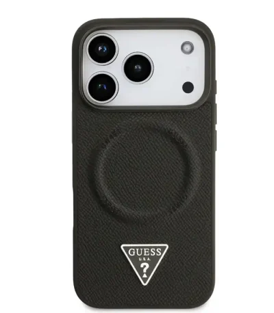 کاور گس مدل MagSafe Leather Triangle مناسب آیفون ۱۷ پرومکس با طراحی چرمی و لوگوی مثلثی برند GUESS.