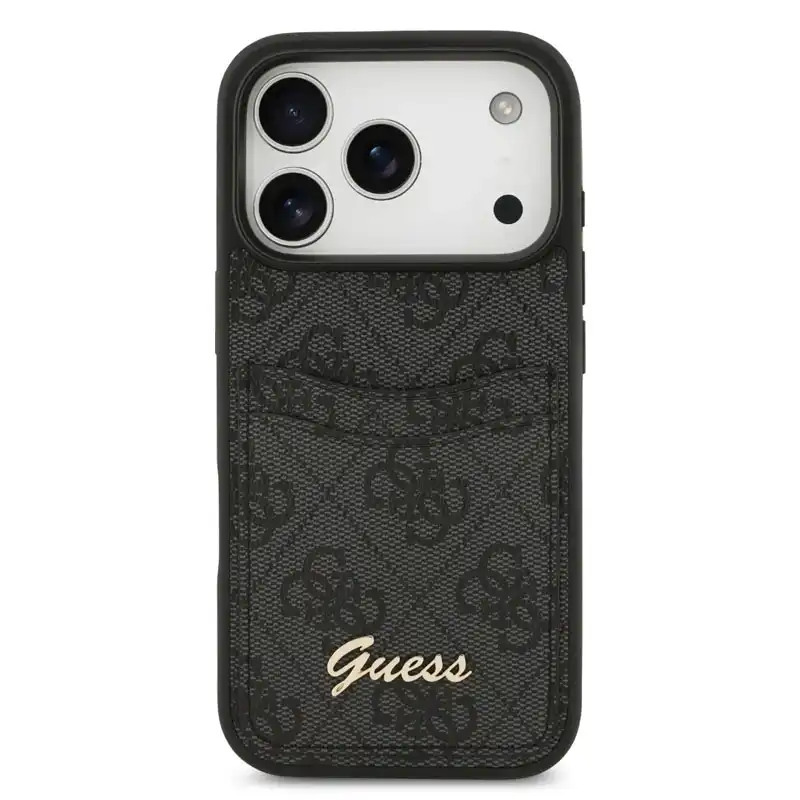 guess-cardslot-black-case-iphone17pro-front کاور گس مدل GUESS CARDSLOT چرمی اورجینال با جای کارت مناسب آیفون ۱۷ پرو