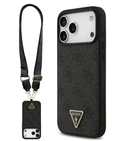 کاور گس مدل MAGSAFE CROSS BODY چرمی با بند کراس‌بادی و لوگوی برجسته GUESS برای آیفون ۱۷ پرومکس