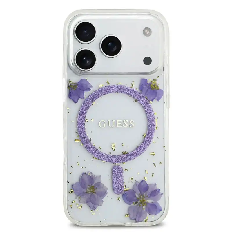 کاور گس مدل GLITTER FLOWERS مناسب گوشی موبایل آیفون ۱۷ پرومکس با بدنه شفاف و مگ سیف و به همراه گل های مصنوعی خشک شده در بدنه قاب