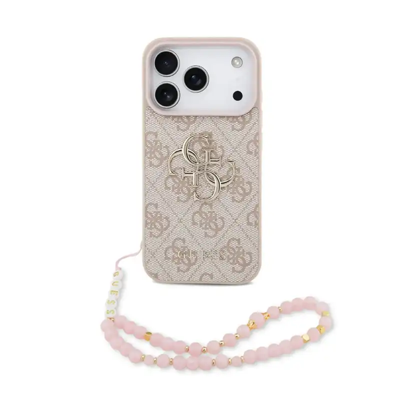 guess-lanyard-pink-case-iphone17pro-front کاور گس مدل GUESS LANYARD چرمی با طرح لوگوی Guess و بند لنیارد مناسب آیفون ۱۷ پرو – قاب لوکس و کاربردی برای محافظت و استایل.