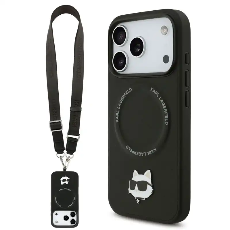 karllagerfeld-choupette-cross-body-black-magsafe-case-iphone17promax-front کاور کارل لاگرفلد CHOUPETTE CROSSBODY چرمی با بند دوشی قابل تنظیم و پشتیبانی از مگسیف مناسب آیفون ۱۷ پرومکس