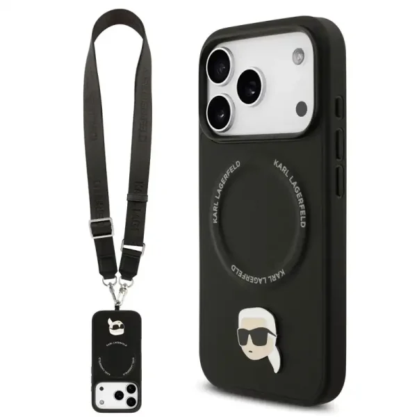 کاور کارل لاگرفلد مدل MAGSAFE KARL CROSSBODY چرمی با بند دوشی قابل تنظیم و پشتیبانی از مگ‌سیف مناسب آیفون ۱۷ پرو
