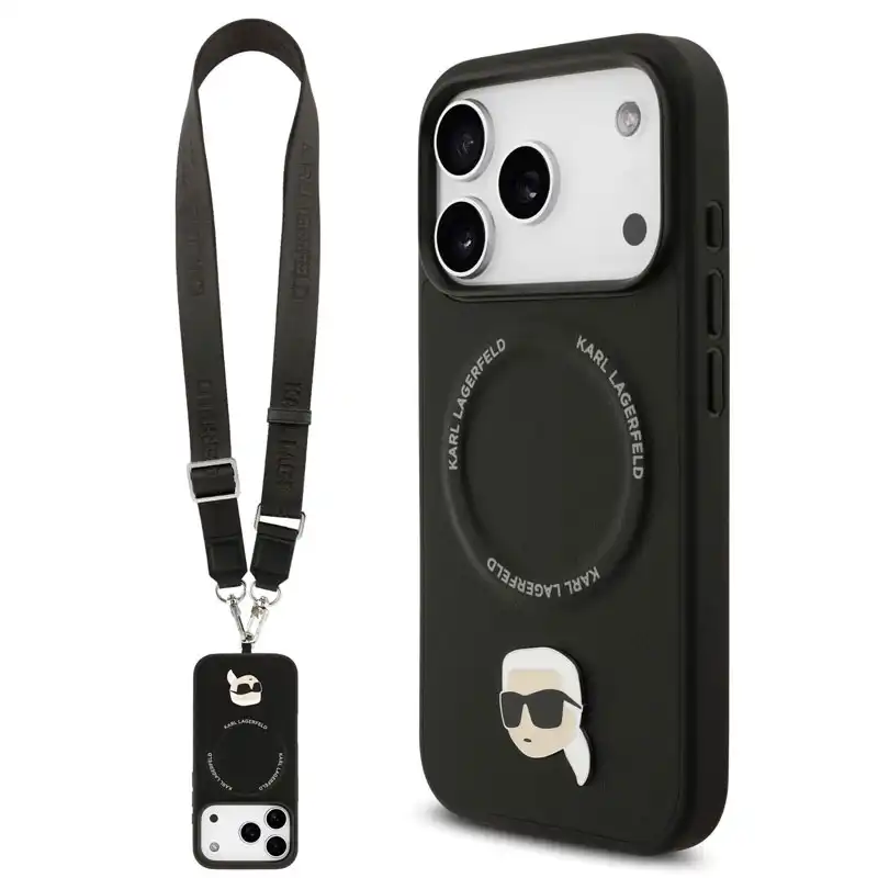 karllagerfeld-karl-cross-body-black-magsafe-case-iphone17promax-front کاور کارل لاگرفلد مدل MAGSAFE KARL CROSSBODY چرمی با بند دوشی قابل تنظیم و پشتیبانی از مگسیف مناسب آیفون ۱۷ پرو