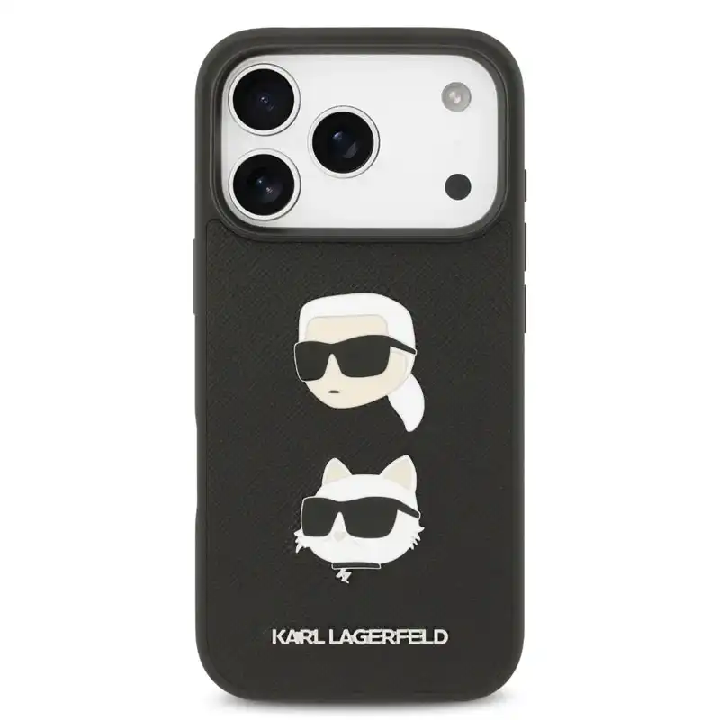 karllagerfeld-k&c-heads-pin-black-case-iphone17pro-front کاور کارل لاگرفلد مدل K&C HEADS PIN چرمی با طرح برجسته فلزی کارل و شوپت مناسب آیفون ۱۷ پرو