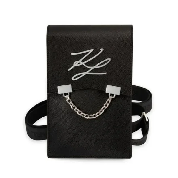 کیف دوشی کارل لاگرفلد اورجینال مشکی مدل AUTOGRAPH CHAIN با زنجیر فلزی نقره ای و لوگوی فلزی نقره ای روی کیف