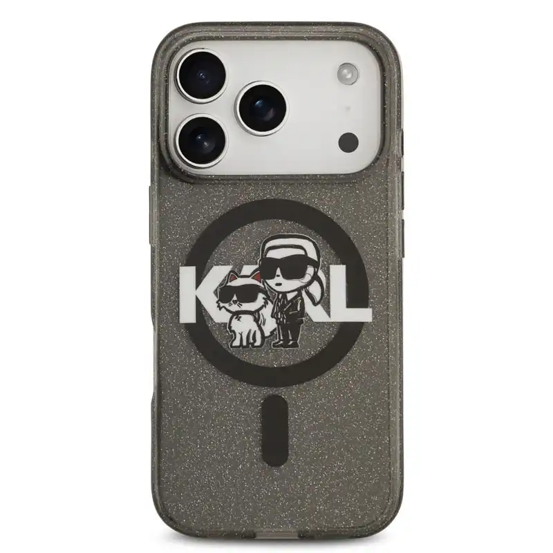 karllagerfeld-gliter-k&c-black-case-magsafe-17pro-front کاور کارل لاگرفلد مدل IML K&C SKETCH مناسب گوشی موبایل آیفون ۱۷ پرو با قابلیت مگ سیف، جنس شفاف و رنگ ذغالی با طرح کارل و شوپت