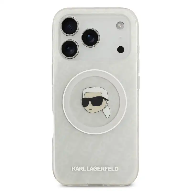 karllagerfeld-repeated-karl-white-magsafe-case-iphone17pro-front کاور کارل لاگرفلد مدل KARL REPEATED مناسب گوشی موبایل آیفون ۱۷ پرو با قابلیت مگ سیف و طرح شفاف و لوگو سر کارل لاگرفلد