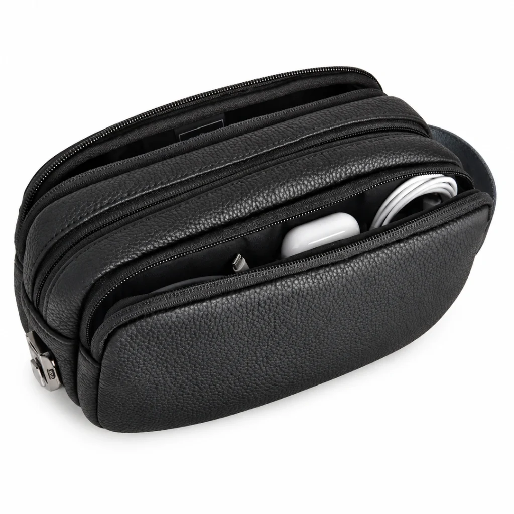 کیف دستی WIWU مدل SALEM TRAVEL POUCH از نمای بغل و زیپ باز