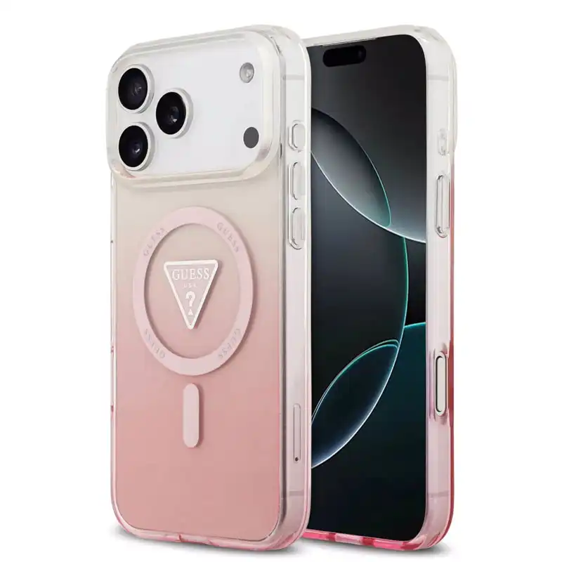 guess-gradient-pink-magsafe-case-17promax-front کاور گس مدل MAGSAFE GRADIENT مناسب گوشی موبایل آیفون ۱۷ پرومکس با گرادیانت صورتی و لوگو مثلثی گس