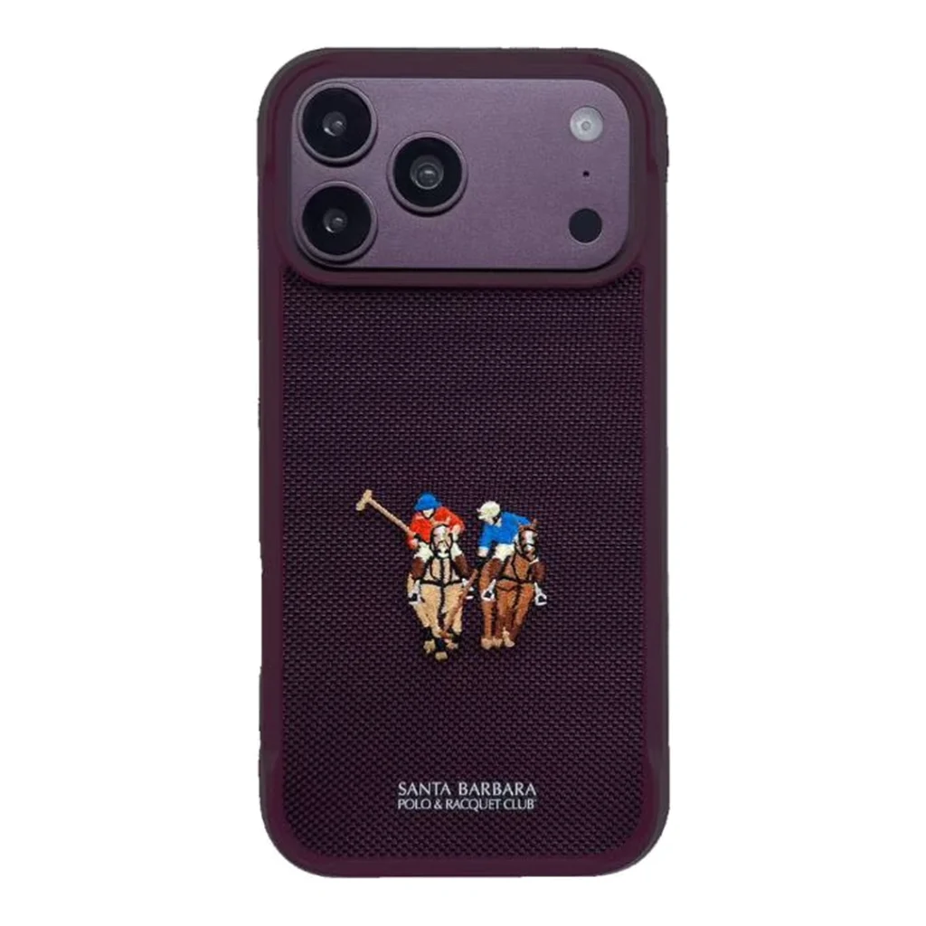کاور آیفون 18 پرو سانتا بارابار پولو مدل EQUUS با طرح چوگان و جنس پارچه ای و رنگ زرشکی و نمای روبرو