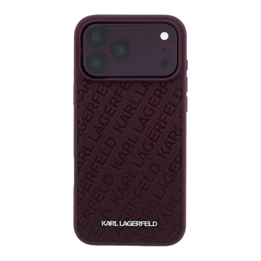 کاور آیفون ۱۸ پرومکس کارل لاگرفلد مدل allover logo رنگ dark cherry نمای روبرو