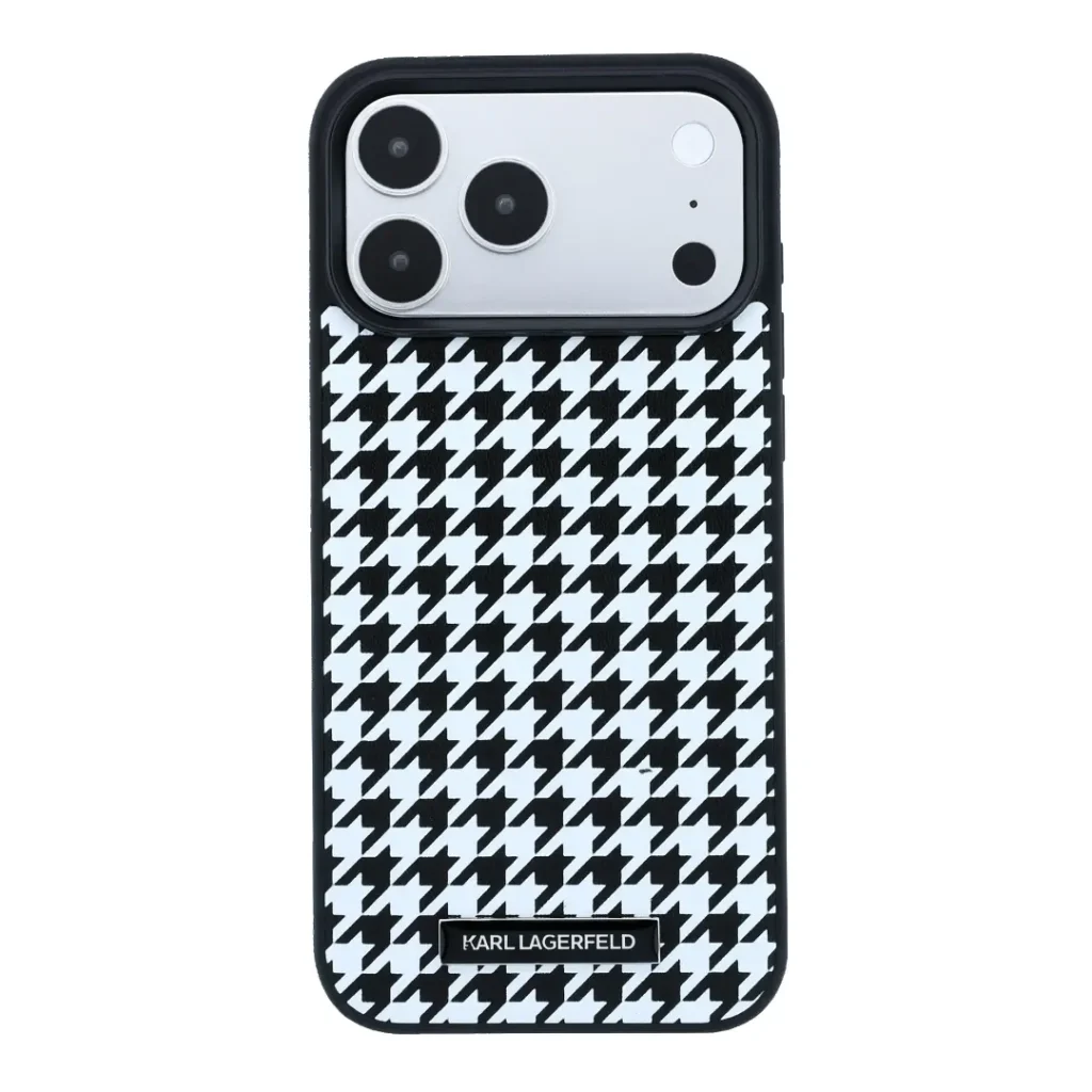کاور آیفون 18 پرومکس کارل لاگرفلد مدل houndstooth رنگ مشکی نمای روبرو