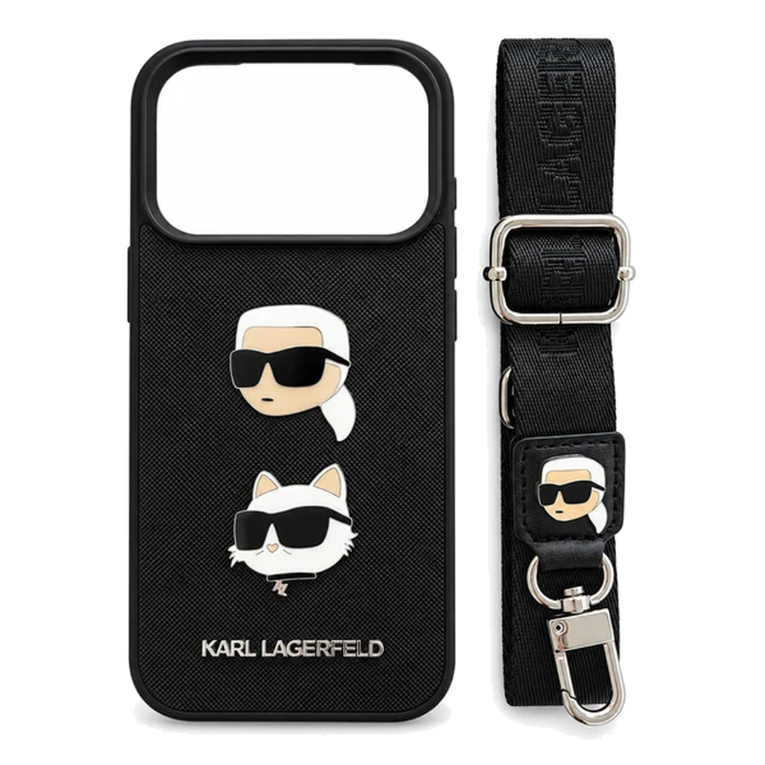 کاور آیفون 18 پرومکس کارل لاگرفلد مدل CROSSBODY K&C با بند بلند و قابل تنظیم کراس بادی و سر کارل و شوپت فلزی پشت قاب و قاب رنگ مشکی از نمای روبرو