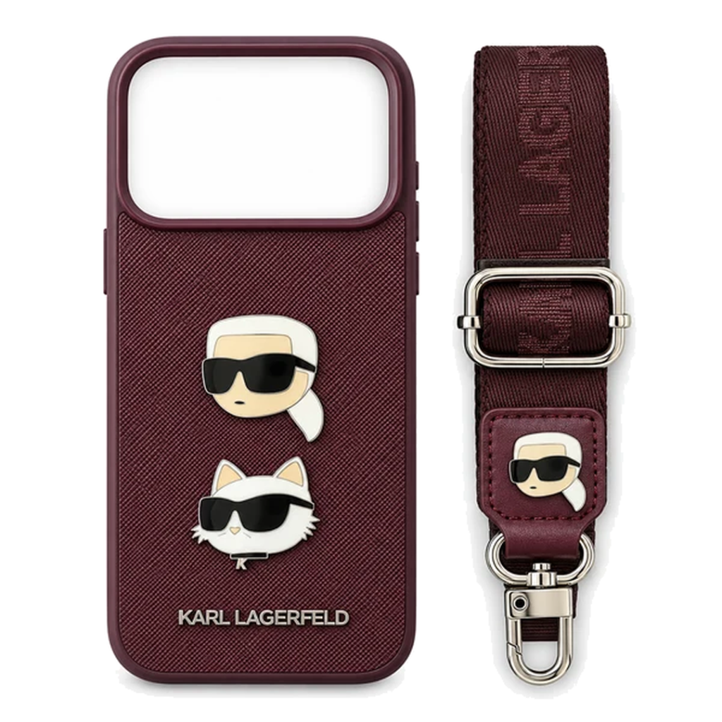 کاور آیفون 18 پرومکس کارل لاگرفلد مدل CROSSBODY K&C با بند بلند و قابل تنظیم کراس بادی و سر کارل و شوپت فلزی پشت قاب و قاب رنگ زرشکی از نمای روبرو